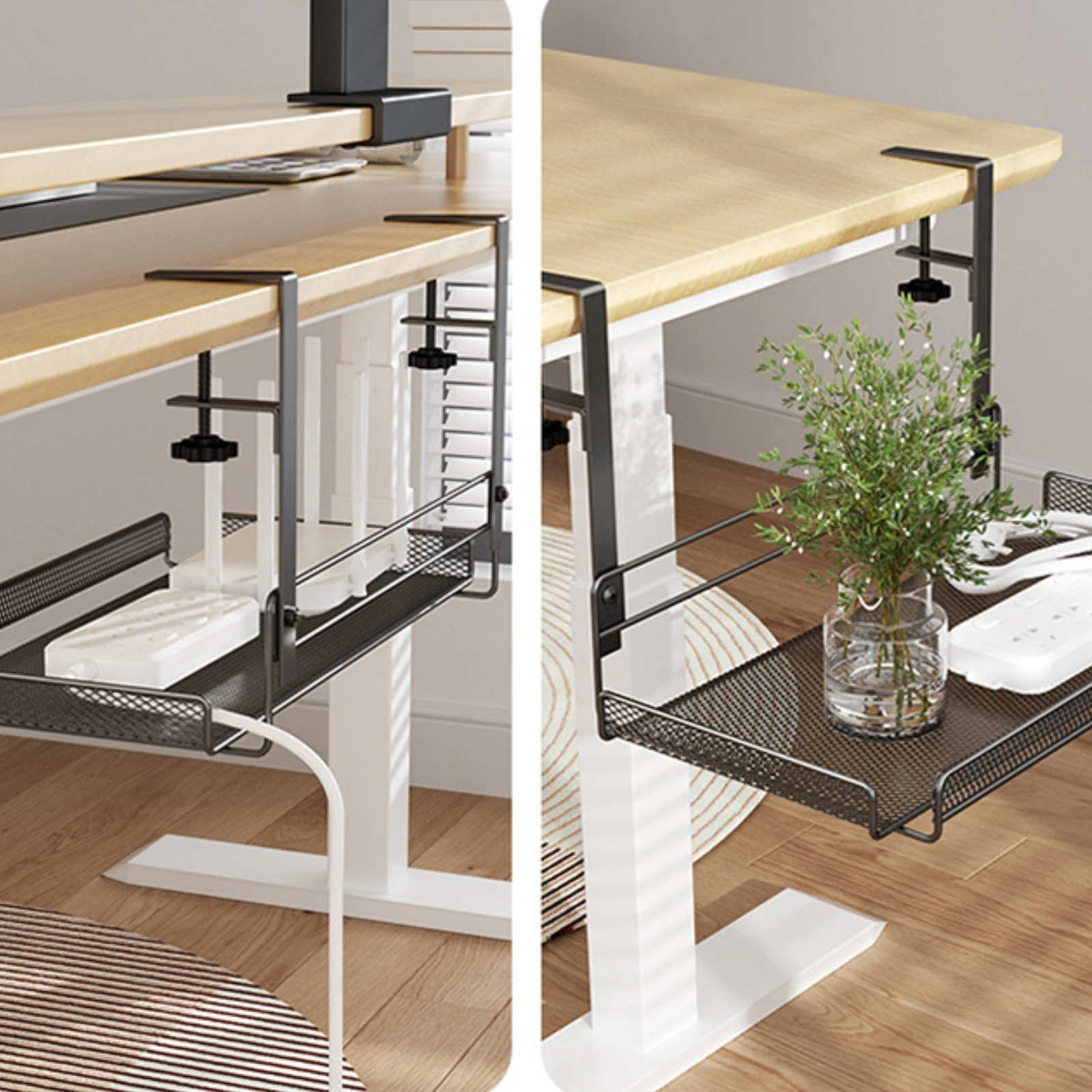 No-Drill Under-Desk Rack Compact Metal Mesh Cable Tray with Clamp Mount Under Desk Cord Management Rack Easy to Install