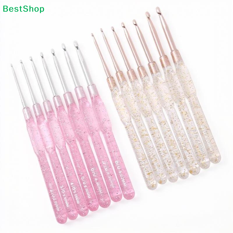 〔Z〕7 PCS Aluminum Crochet Hooks Set 2 To 5 Mm Colorful Clear Handles For Yarn Knitting DIY Hats Scarves Amigurumi Crafts
