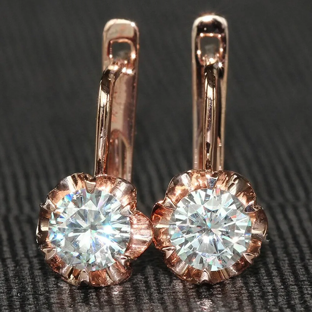 Luxury Rose Gold Flower Petal Dangle Earrings Round Sparkling 5A Zircon Lever Back Drop Earrings for Women Wedding Party Jewelry