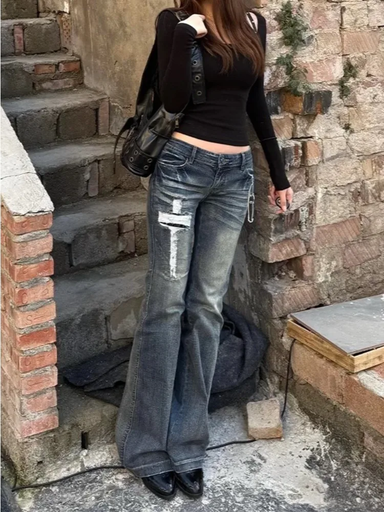 Y2K Grunge Women Low‑Waist Flare Jeans Vintage Dark Washed Denim Pants White Cross Trousers Gothic Streetwear Casual Bottoms New