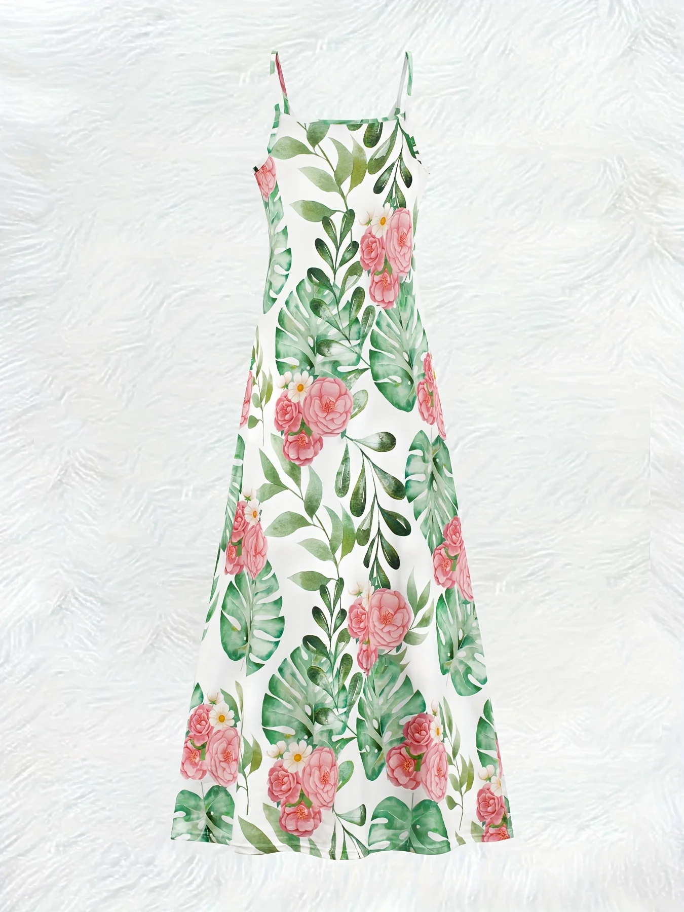 Printed Design All-season Pink Roses And Leaves Pattern vacation style women's dress
