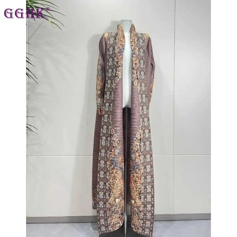 GGHK Arab Women Luxury Abaya 2025 Spring and Fall New Lapel Long-sleeved Retro Printing Design Loose Large Size Dubai Abaya