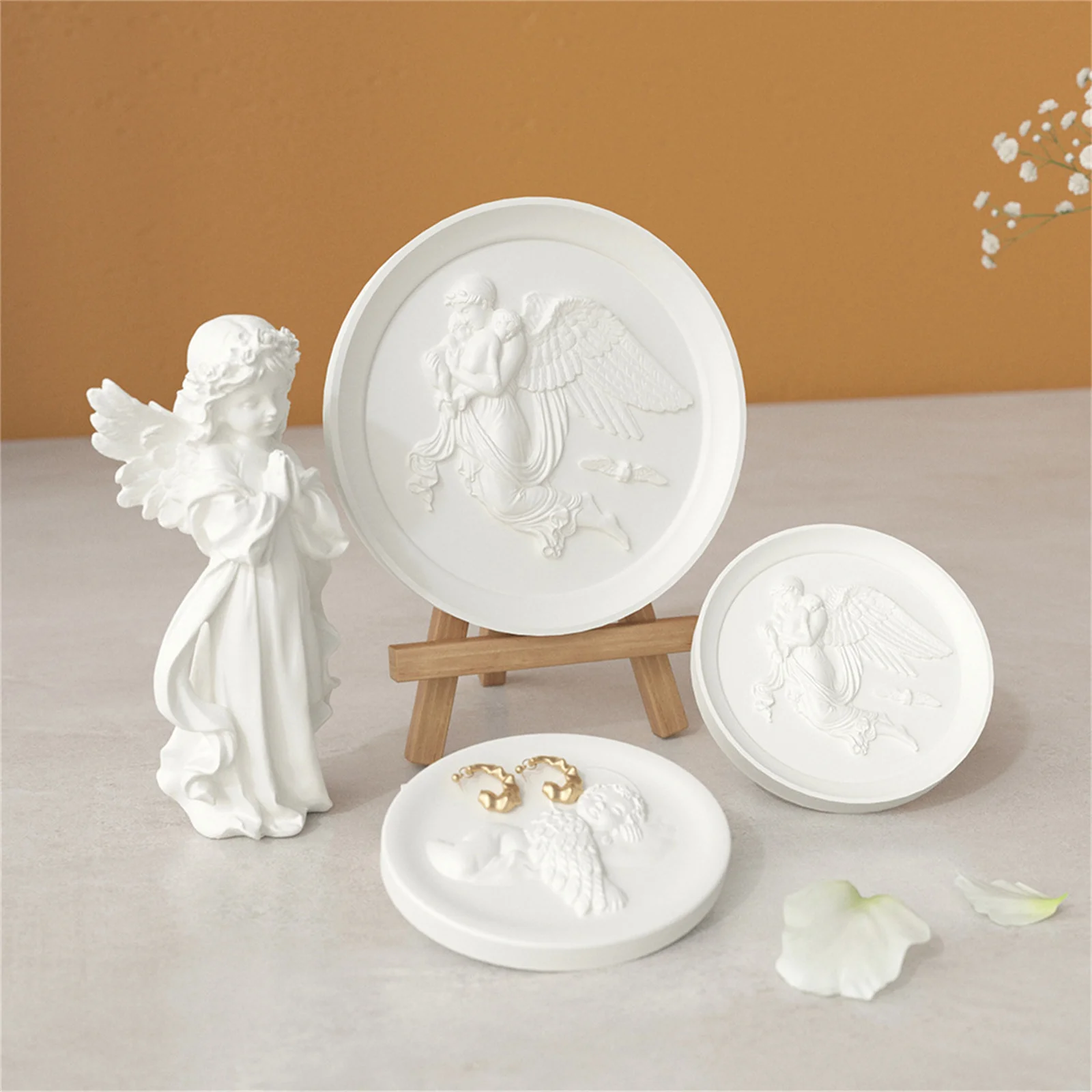 Relief Angel Round Dish Gypsum Plaster Molds DIY Handmade Home Decoration Tray Plate Concrete Cement Mould Storage Resin Mold