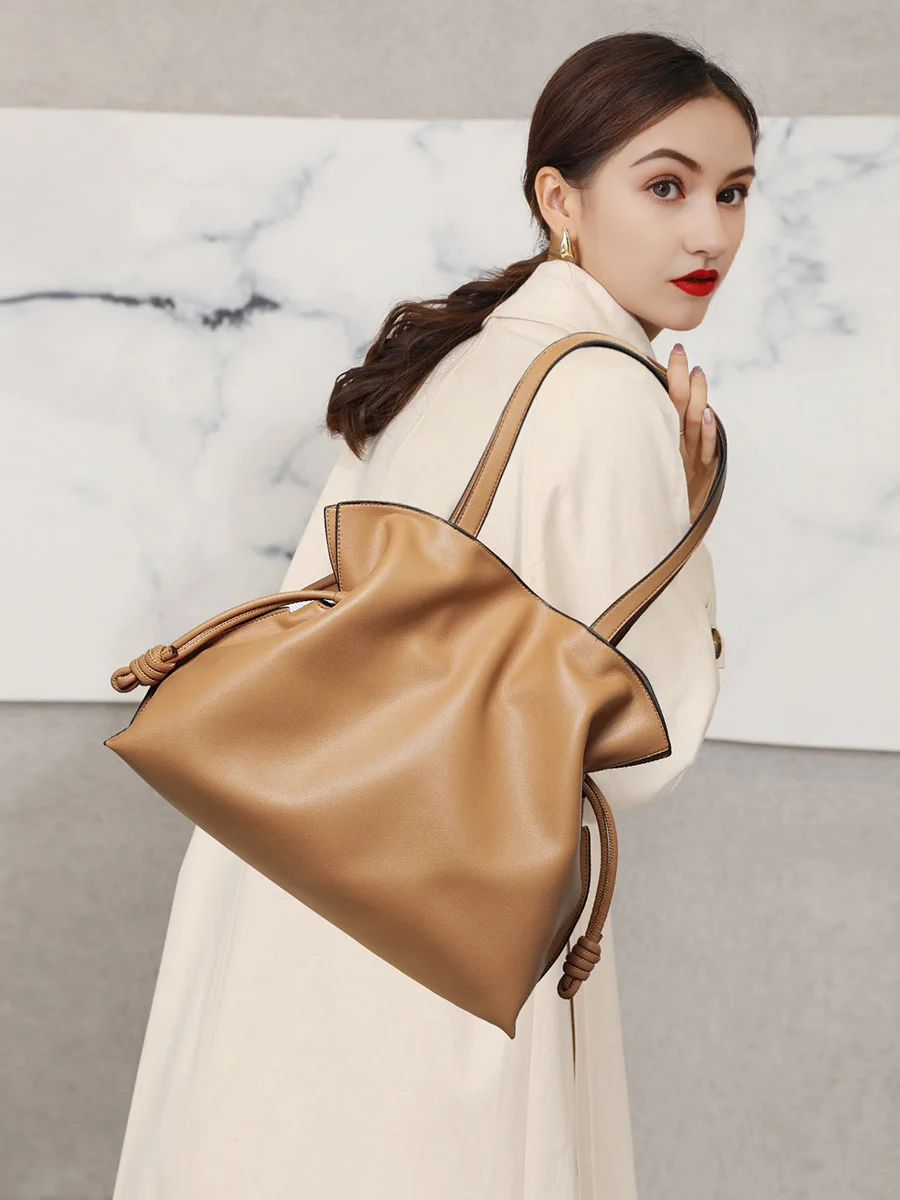 Mevvi Women Large Capacity Genuine Leather Tote Bag Soft Wrinkle Cloud Bucket Drawstring Shoulder Elegant Work Shopping Travel