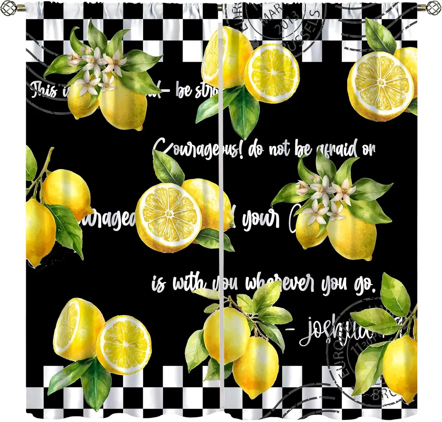 Black Checkered Lemon Rod Pocket Curtain Watercolor Lemon Green Leaf Inspirational Quote Stamp Print Window Drapes Farm Kitchen