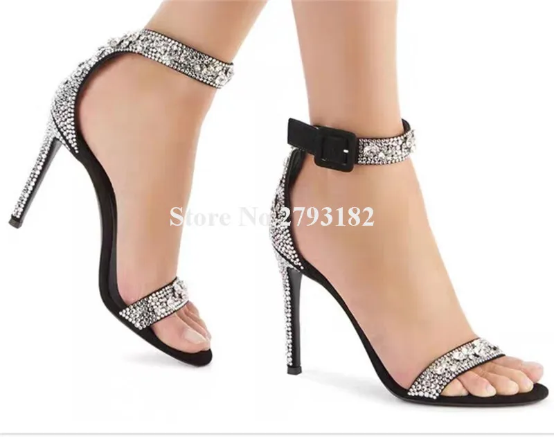 

Bling Bling Silver Rhinestones Sandals Shining Crystals Straps Buckles Stiletto Heel Gladiator Sandals Big Size Wedding Heels