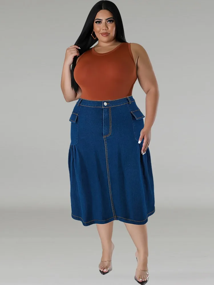 Plus Size Clothes 2024 Women\'s Button A-line Side Split High Waist Denim Skirt Office Lady Midi Jean Skirts Autumn Winter Skirt