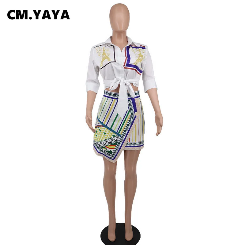 CM.YAYA Elegant Women\'s Set Print Tie Hem Shirt and Draped A-line Paisley Stripe Skirt 2022 Two 2 Piece Set INS Outfits Summer