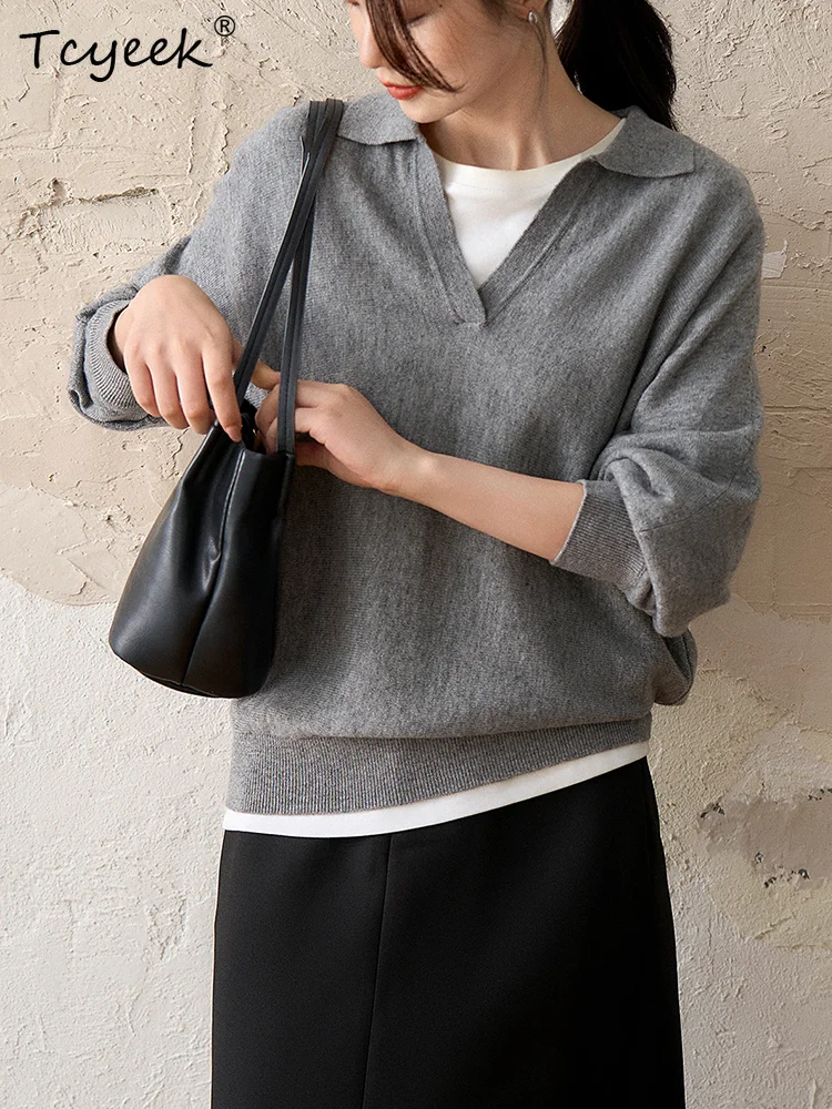 

Tcyeek, 90% Wool 10% Cashmere, Women Elegant Pullovers, Polo Collar, Loose Fashion Sweaters, 2024 Autumn Winter Top T49216QM