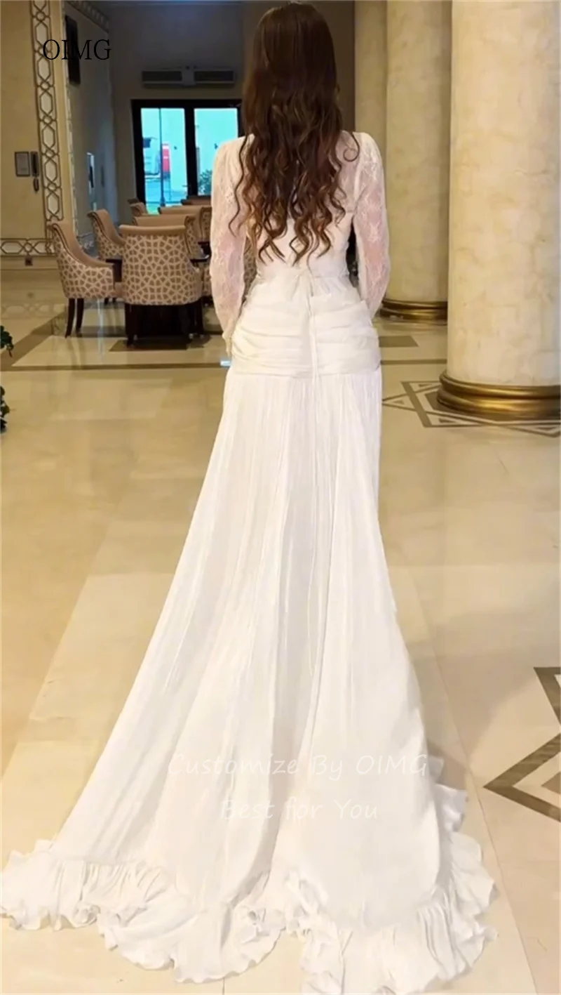 OIMG Abito da sposa linea A collo alto in pizzo avorio maniche lunghe abiti da sposa lunghezza pavimento abiti da sposa coda lunga personalizzati