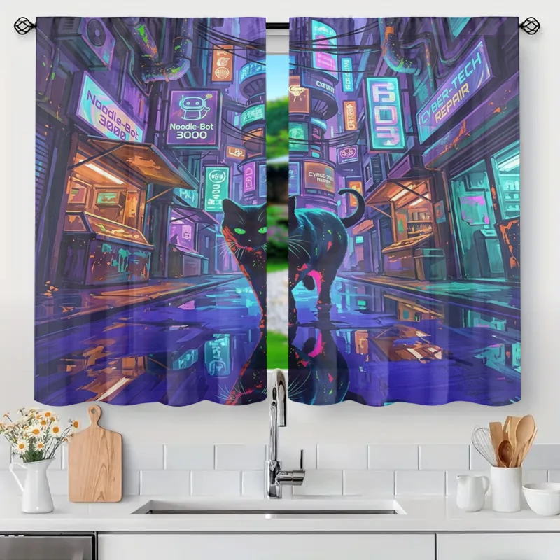 Cyberpunk Neon Cityscape Curtains Window Decor Semi Translucent Cat Art Panels Futuristic Anime Style Home Accent Curtain Panels
