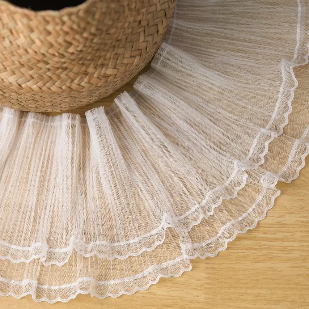 DIY Crafts 2Yards Double Layer Lace Trim 16cm White Black Pleated Tulle Fabric Ruffled Lace Trim