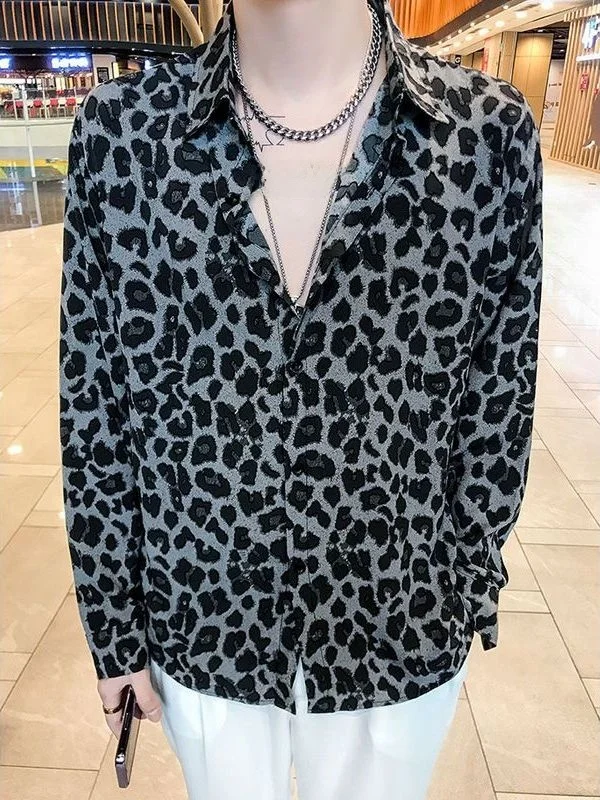 

Laid-back Style Leopard Print Shirt Men's Women's Loose Large Size Long Sleeve Retro Korean Version Handsome Drapey Floral Shirt
