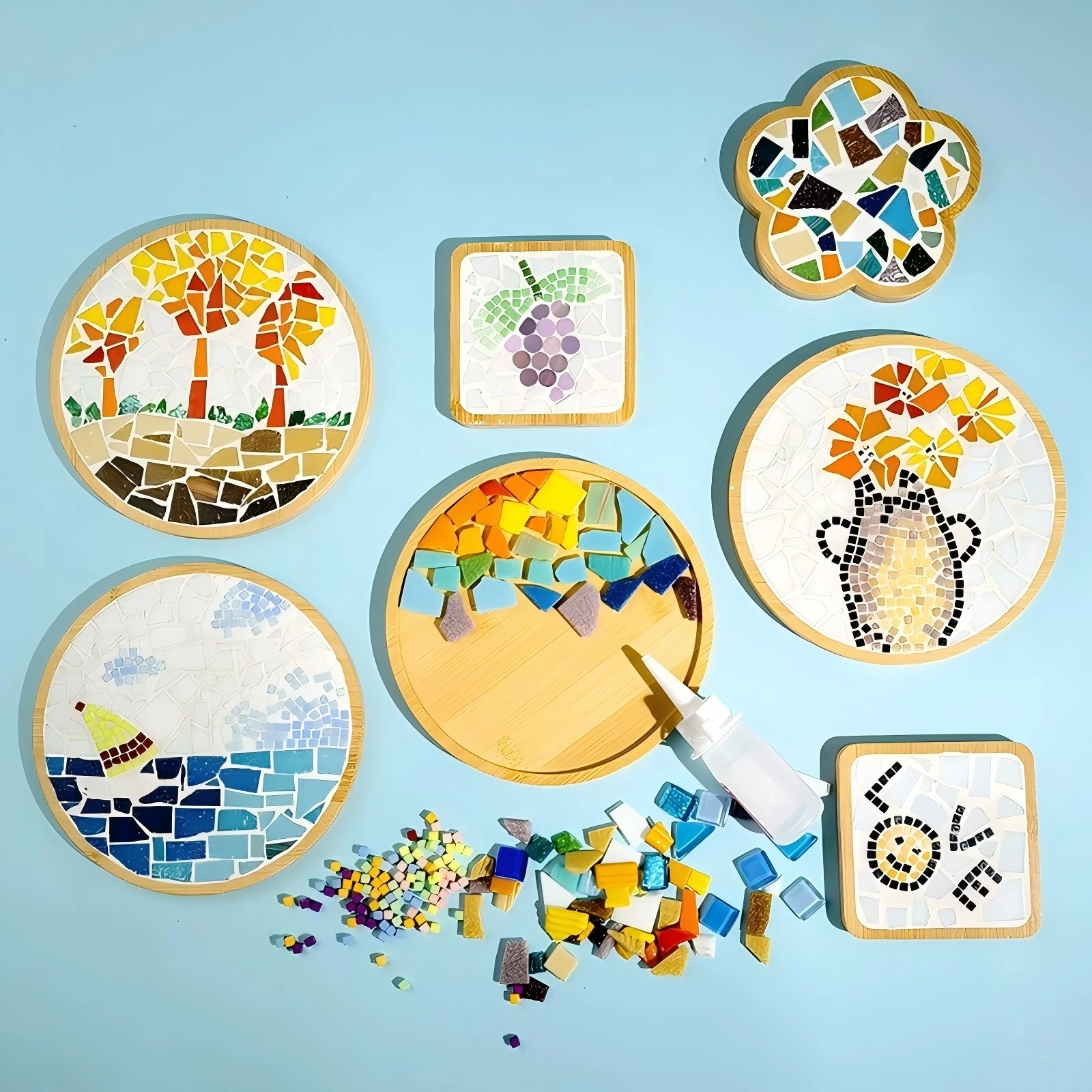 Handmade DIY Mosaic Cup Mat Bottom Bamboo Pad Heart Square Coaster Parent-Child Early Education Free Creation Handicraft Toys