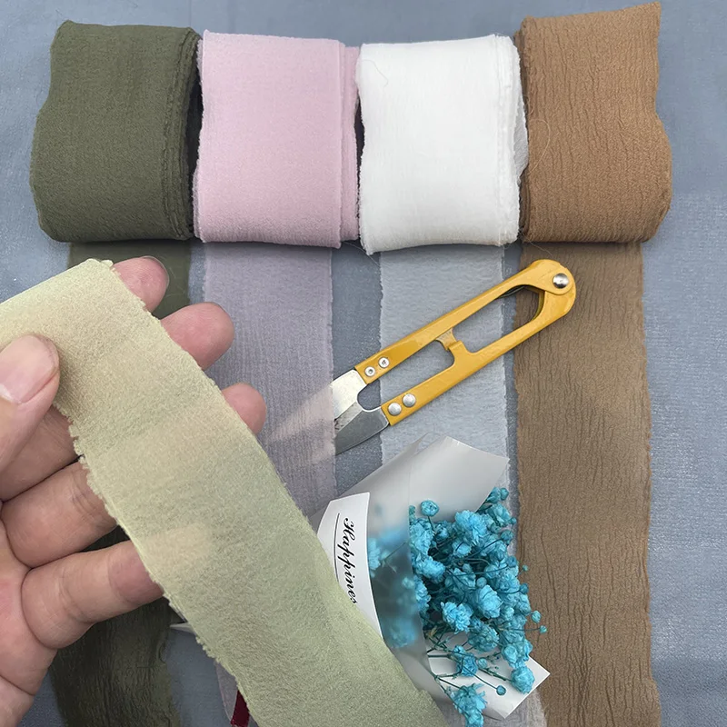 Silk Hand Tear Curled Edge Ribbon Chiffon Ribbon Wedding Invitation Hand Holding Flower Binding Transparent Ribbon Decoration