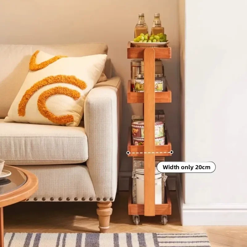 Solid Wood Narrow Side Table, Multi-Tier Snack Shelf for Living Room, Mobile Storage Cabinet for Home, Aesthetic Furniture Decor