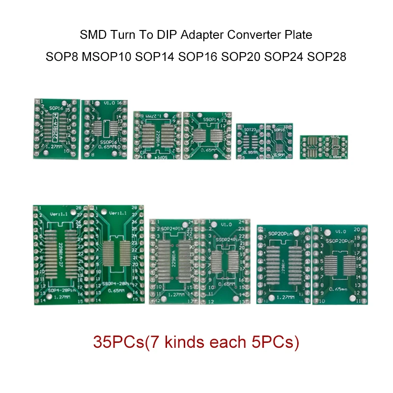 35PCS/Lot PCB SMD Turn To DIP Adapter Converter (7 Kinds) Protoboard SOP8 MSOP10 SOP14 SOP16 SOP20 SOP24 SOP28 DIY Electronic