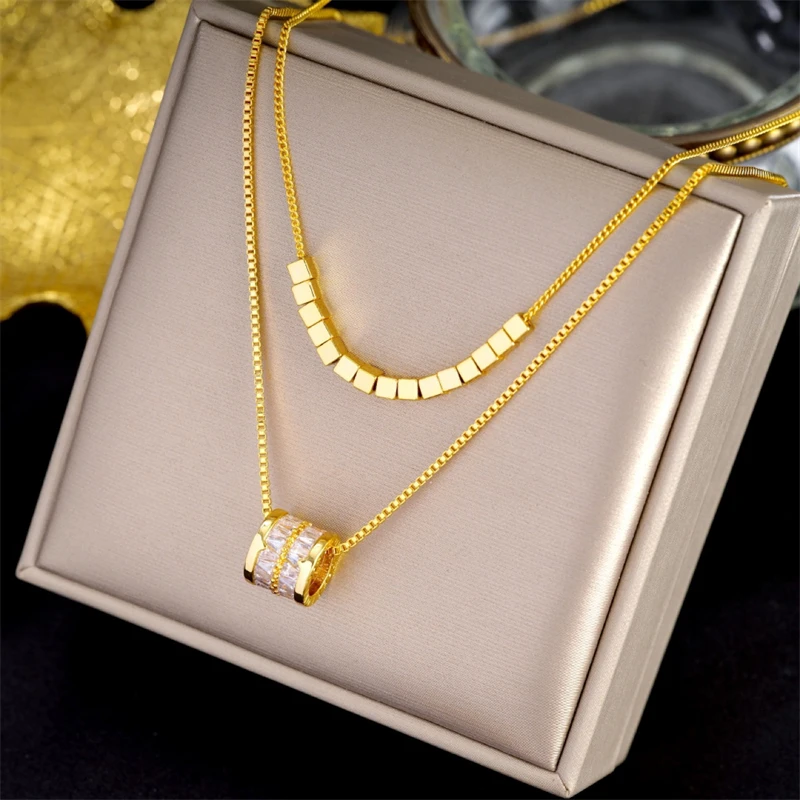 316L Stainless Steel New Fashion Fine Jewelry 2-Layer Cube Embed Zircon Beading Charm Chain Choker Necklaces Pendant For Women