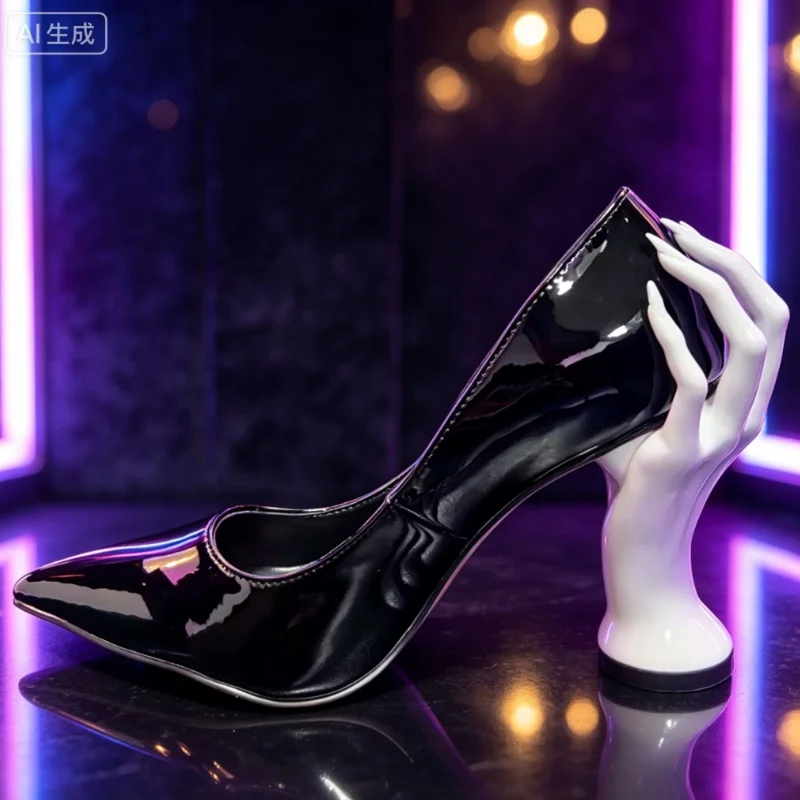 Blue Hand Sculpture Heel Women Black Patent Leather Pointed Toe Pumps Strange Style Slip On Unique Club Banquet Shoes