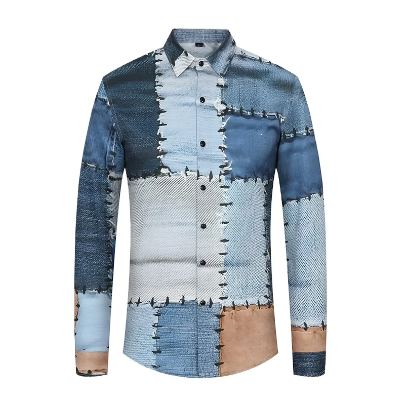 Men's lapel non ironing long sleeved shirt, digital washed printed street fashion shirt