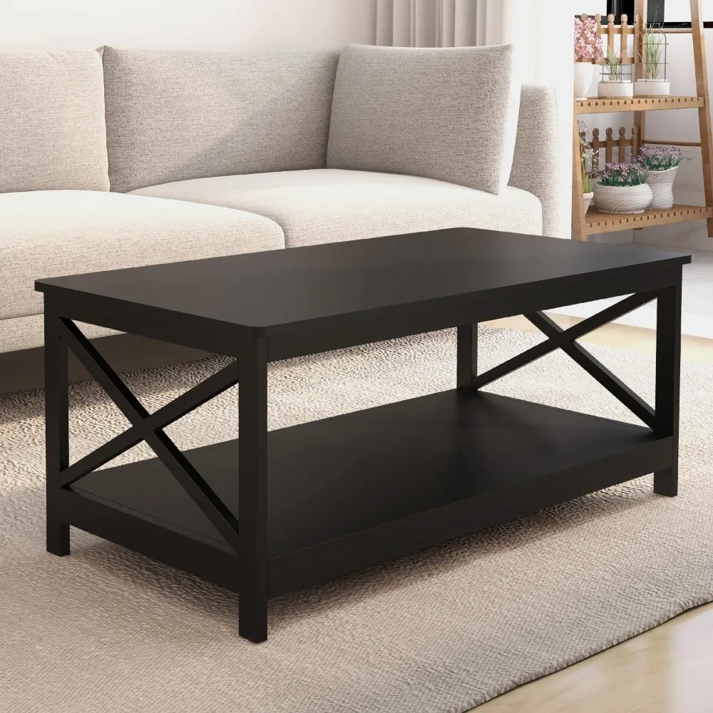 Black coffee table with storage, simple center table, 1 shelf, X shape design, rectangular