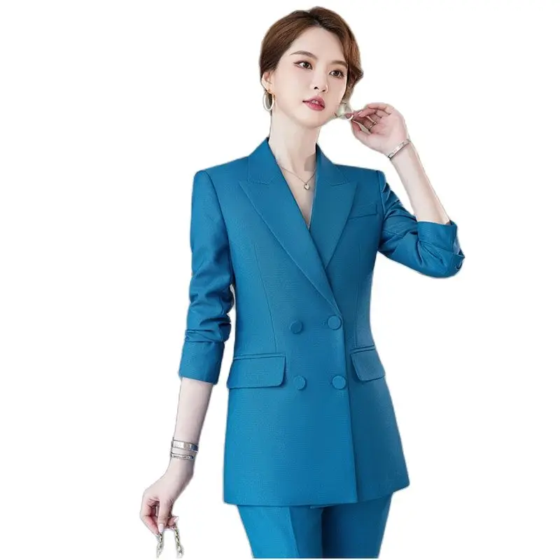 Women's Suit Double-breasted Long-sleeved Jacket And Trousers Office Women's Business Work Suit 2023 New Blue Purple Black