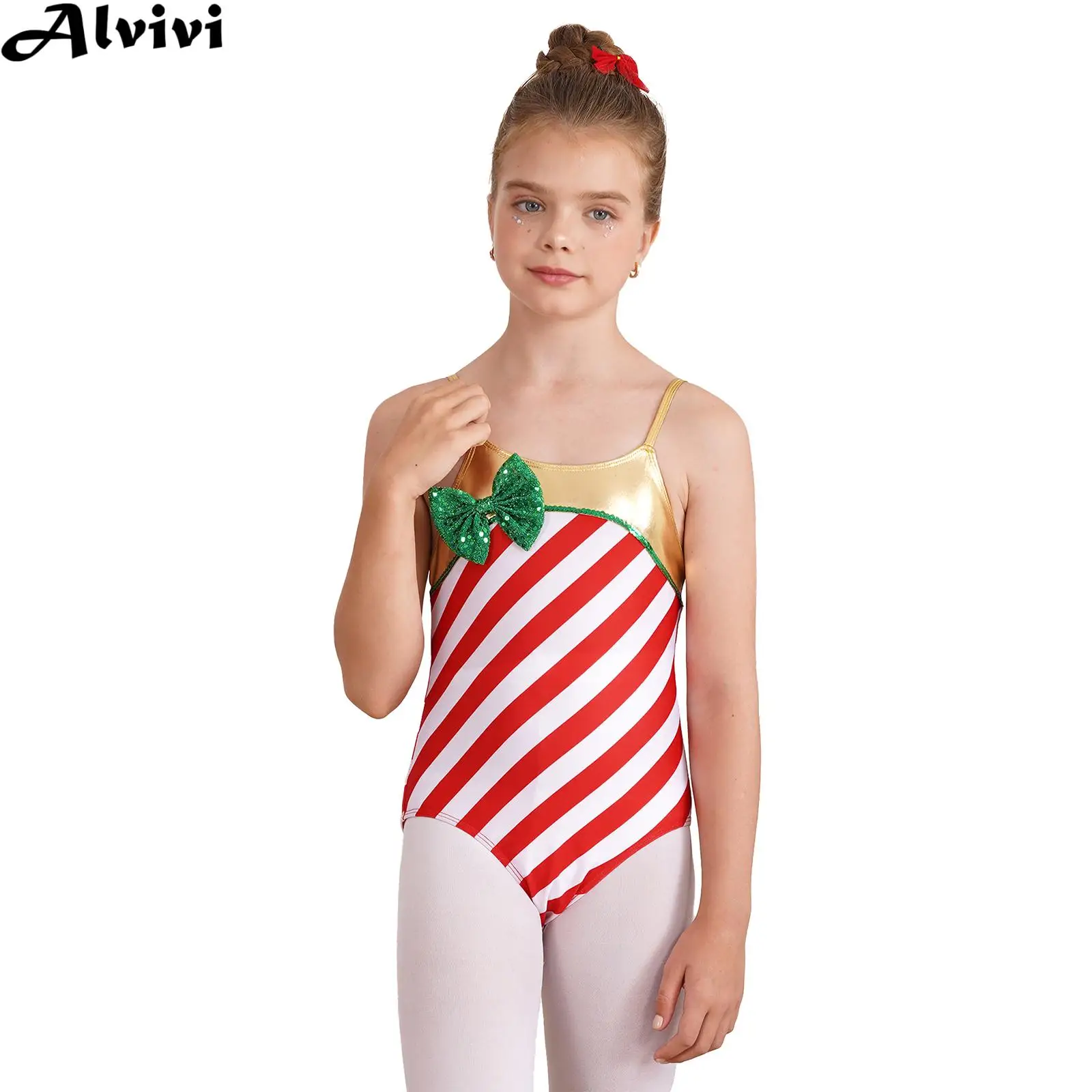 Girls Christmas Dance Leotard Sleeveless Striped Bow Candy Cane Bodysuit for Ballet Figure Skating Gymnastics Yoga Performance