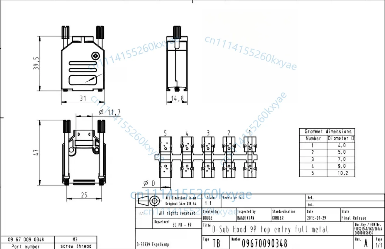 1pc 09670090348 dsub top entry metal hood 9 pole with accessories