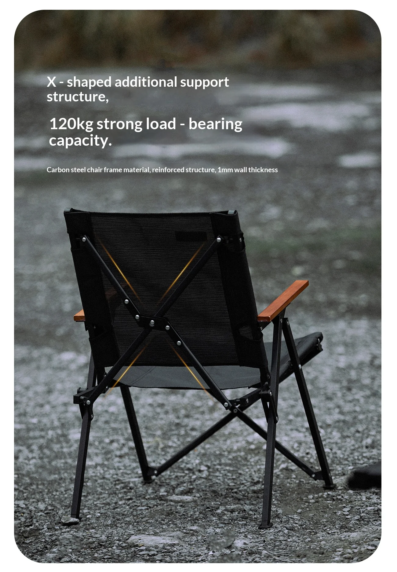 Mountainhiker Atmungsaktiver Campingstuhl mit Holzarmlehne, Tragbarer Klappbarer Outdoor-Stuhl für Strand, Angeln, Picknick, Schwarz, Sommer – Detail 4