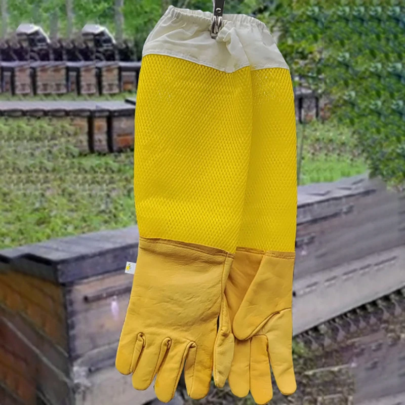 Beekeeping Protective Gloves, Beekeeper Sleeves Breathable Anti Bee Cloth, Apiculture Sheepskin Long Yellow Mesh Gloves 1Pair