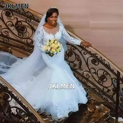 Elegant African White Mermaid Wedding Dresses Beads Lace Long Sleeve Round Neck Plus Size Custom Made Bridal Gowns