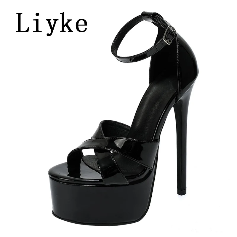 Liyke Sexy Black Extreme High Heels Platform Sandals For Women Fashion Buckle Strap Open Toe Stripper Pole Dance Shoes Size 42