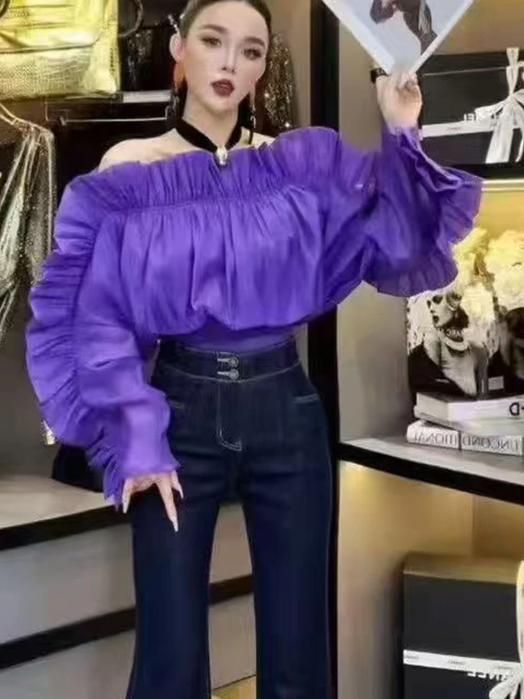 

Design sense niche 2025 autumn new solid color pleated splicing ruffled long-sleeved shirt word collar fashion Joker short blous