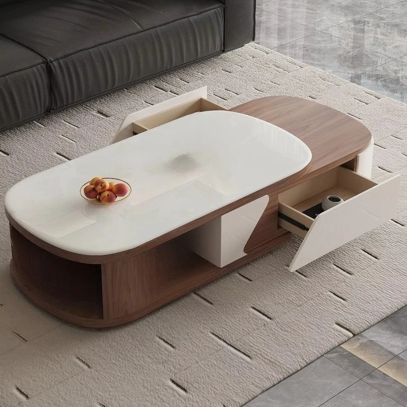 Modern-style Living Room Features a Retractable Coffee Table with a Marble Top and Storage Drawers