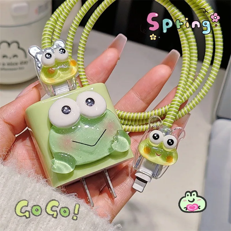 Cute Frog Spring Cable Winder for Apple 18w 20w Charger Protective Case for iPhone 16 Pro Data Cable Head Bite Protector Sleeve