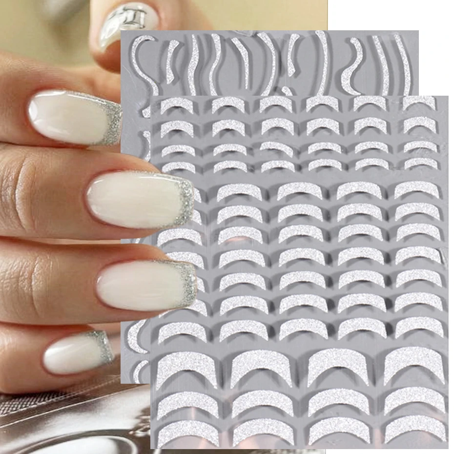 Reflective Silver Glitter Adesivos para Nail Art, 3D Nail Art Decalques, listras holográficas do redemoinho, design francês, Manicure Decoração, BEH-232