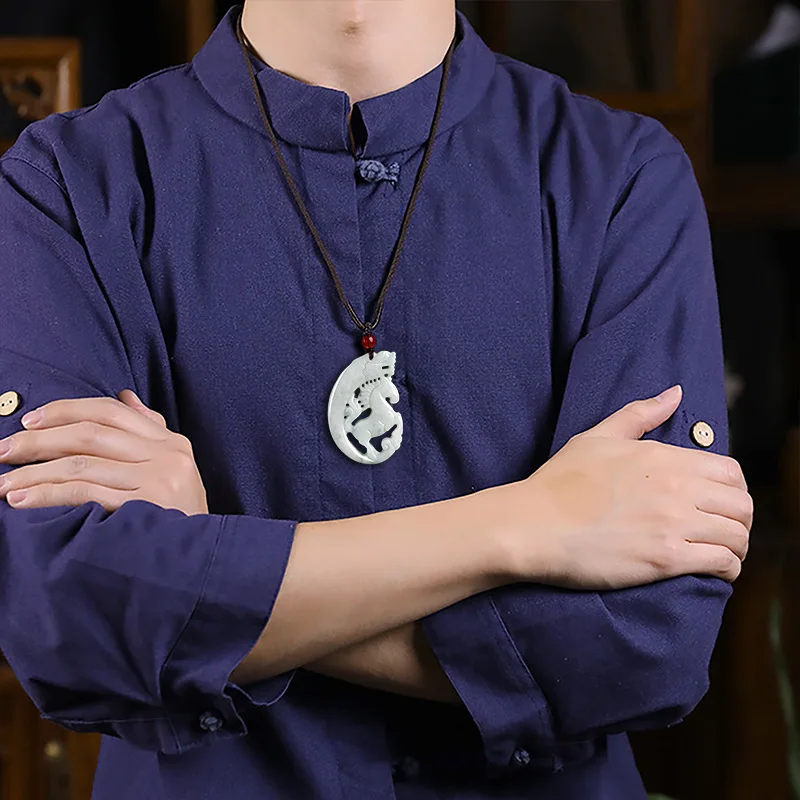 Natural Myanmar A Jade Antique Dragon Horse Spirit Zodiac Horse Pendant Waxy Jadeite Male Pendant Female Charms Jewelry