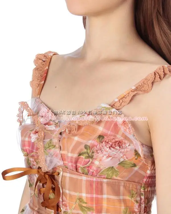 Japan Liz Lisa Organza Cotton Lace Plaid Spaghetti Strap Ribbon Suspenders Mini Dress