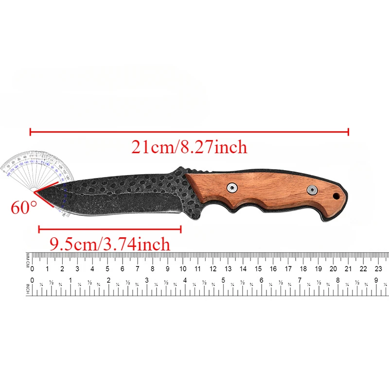 Outdoor Straight Knife, Stainless Steel Blade, Wooden Handle with Knife Cover, Travel Camping Cutting Tool