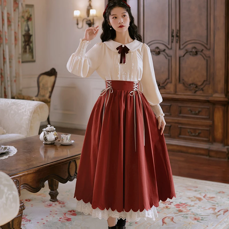 Vintage Lolita Style Two Piece Skirt Set Women Spring Autumn Peter Pan Collar Bow Shirt and Lace Patchwork Long Skirts Outfits