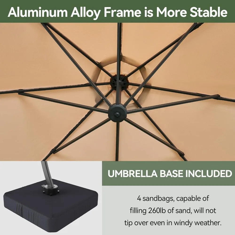 مظلة ناتئة مع قاعدة متضمنة، مظلة فناء كبيرة من الألومنيوم مقاومة للرياح مع 360 درجة ° دوران، شديد التحمل