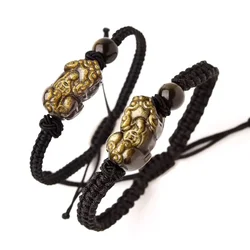 Original Hand-woven Crystal Jewelry Gift For Lover Men Women Natural Gold Obsidian Pi Xiu Wealth Charm Adjustable Chain Bracelet
