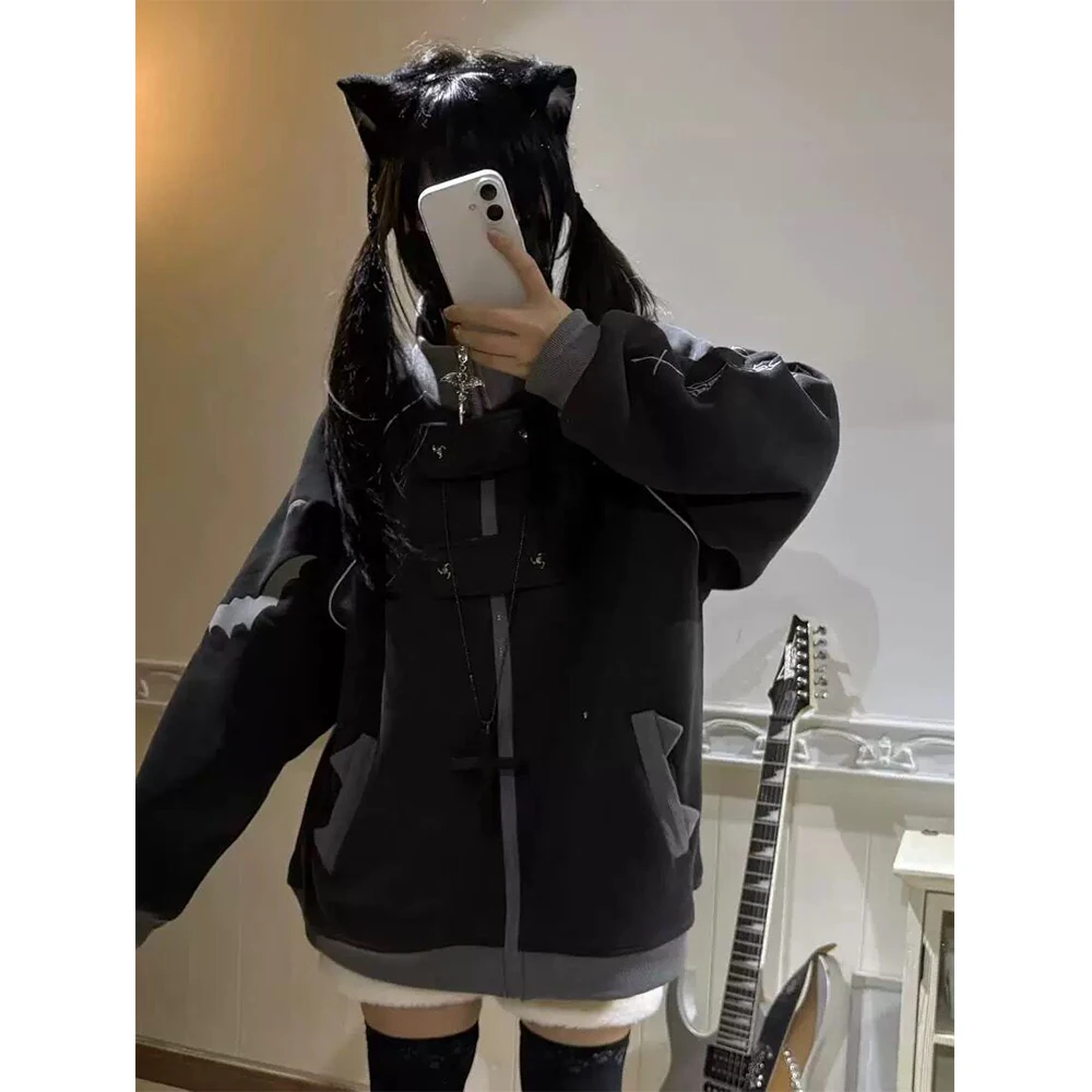 Y2K Gothic Zip Up Hoodie Women Bat Contrast Color Stand Collar Sweatshirt Dark Alt Streetwear Oversized Punk Aesthetic Jacket view 5
