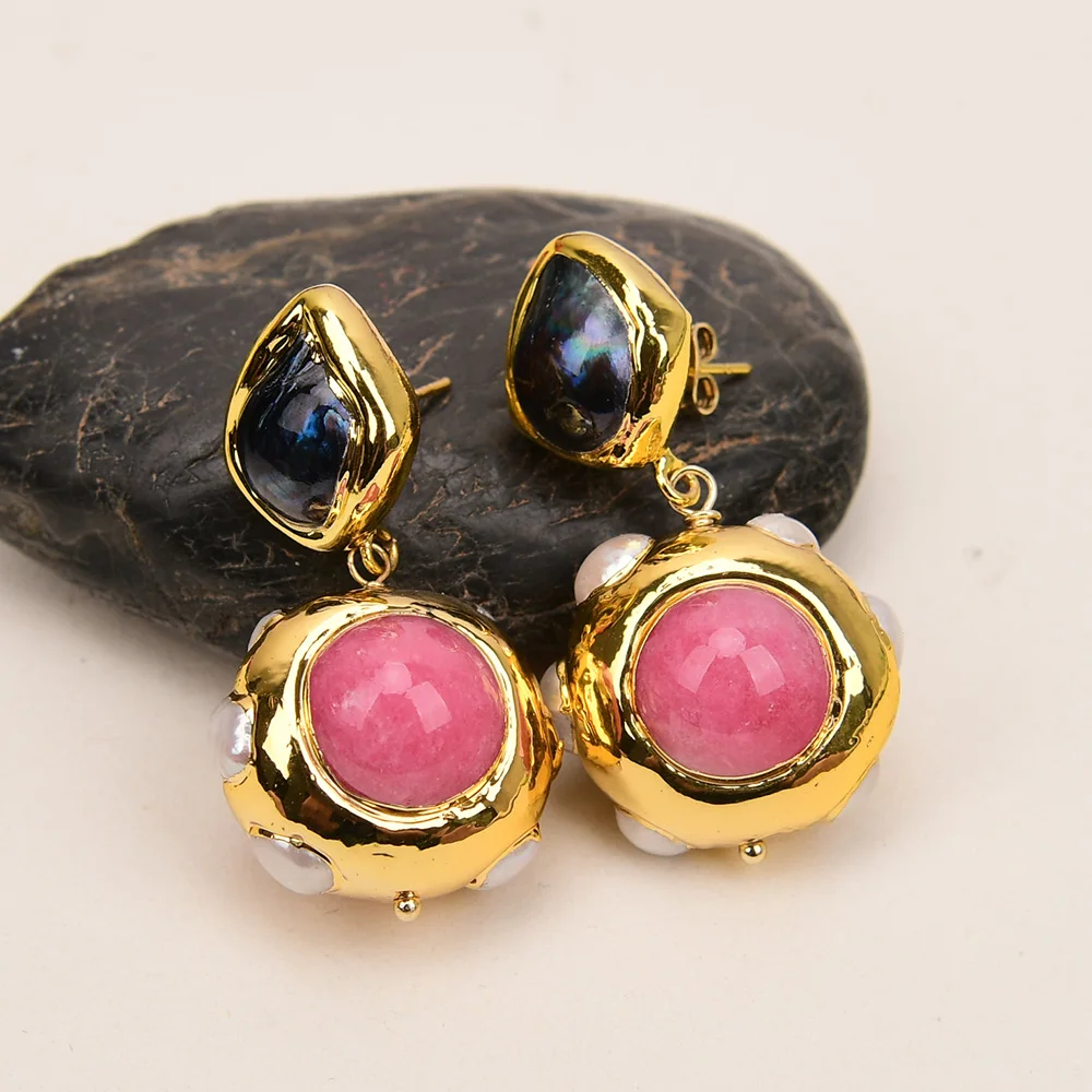 

G-G Natural Pink Jade White Pearl Paved Beads Dangle Black Keshi Pearl Stud Earrings