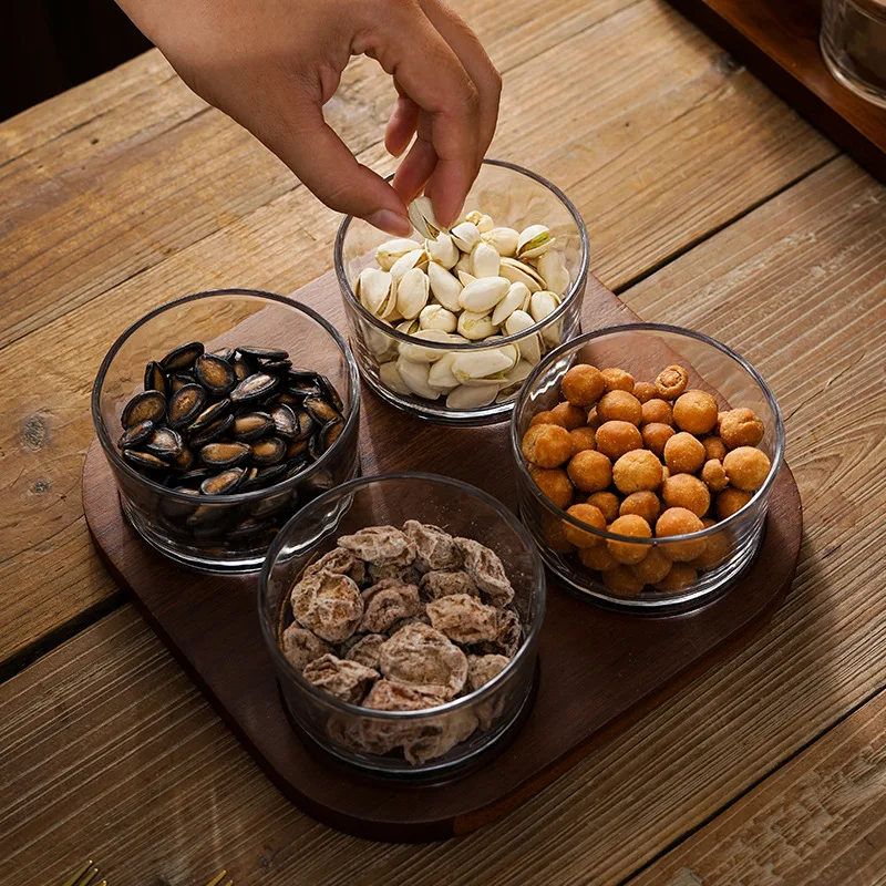 Nordic Style Glass Fruit Plate Snack Plate with Acacia Wooden Tray Crystal Bowl for Appetizers for Home or Office Use