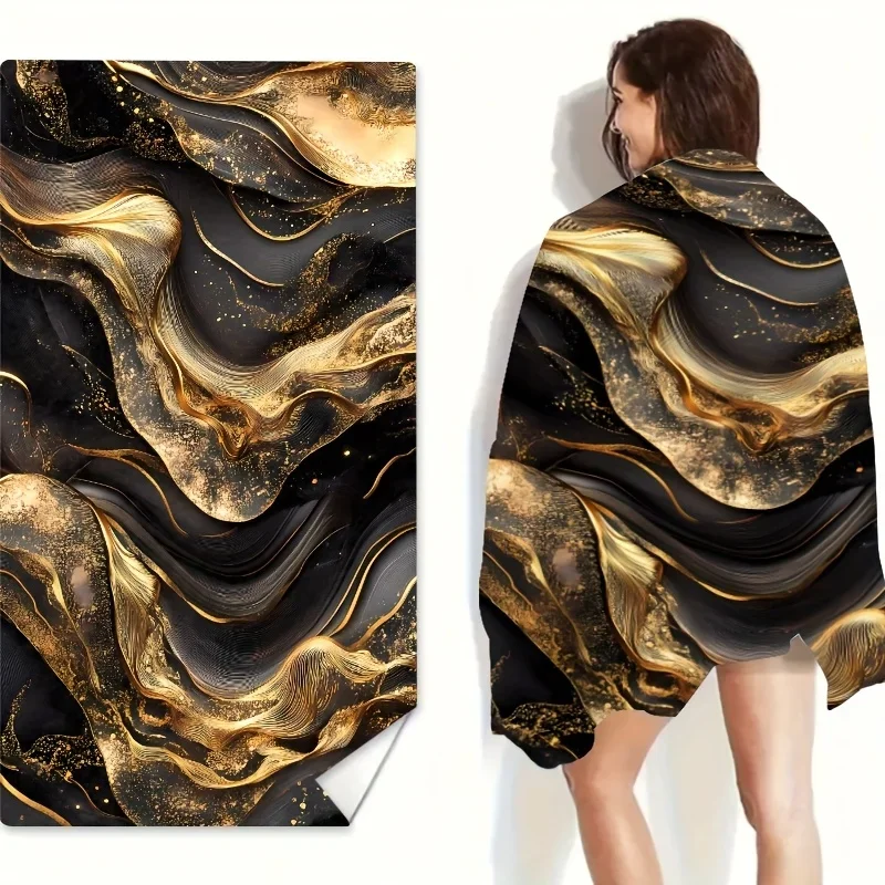 Black Gold Beach Towel, Abstract Fluid Art Print, Luxury Marble Texture Quick Dry Microfiber,Sand Free Perfect for Summer Travel