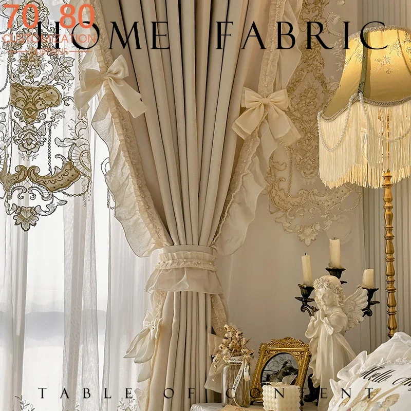 French Cream Chenille Embroidery Bowknot Ruffles Blackout Curtains for Living Room French Window Balcony Custom Window Screen