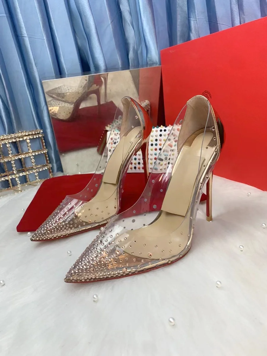

European and American colored diamonds transparent banquet sexy pointed thin heel women's super high heel single shoes