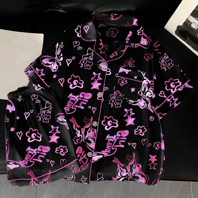 2 Piece Set Women's Elegant Pajamas Set Graffiti Design Bow Tie Love Print Homewear Button Short Women's Sleep Pajamas Summer