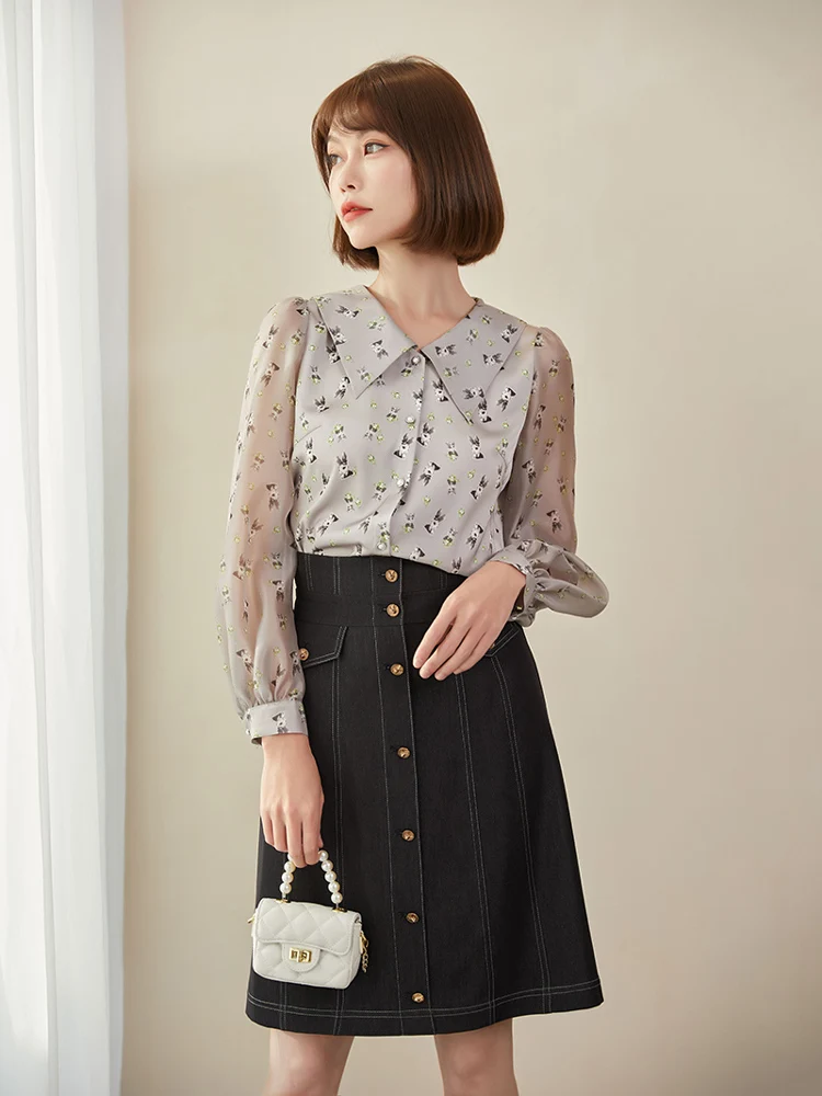 Spring Summer New Silk Denim Half Skirt High Waist A-Line Slimming Anti-Aging Single Button Mid-Length Skirt for Women